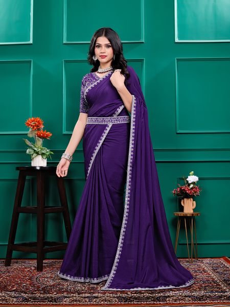Chiffon Embroidery Sequence Lace Border Saree With Belt Designer Sarees