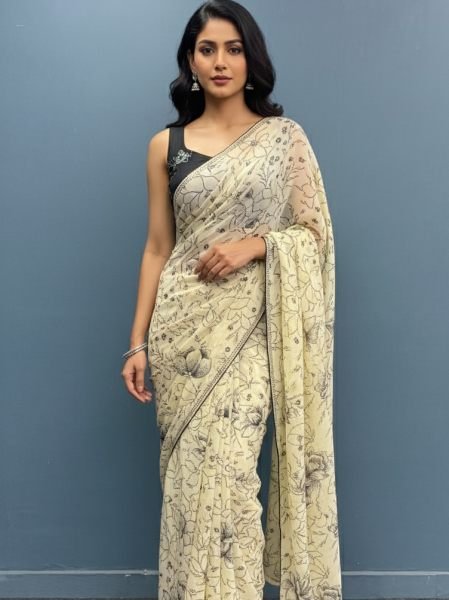 Chiffon Floral Printed Saree with Swarovski Stone Border 