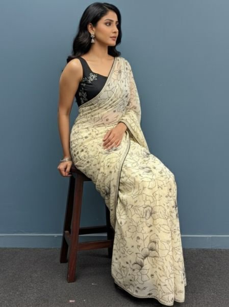 Chiffon Floral Printed Saree with Swarovski Stone Border Printed Sarees