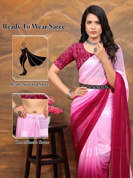 Chiffon Foil Print Two Tone Ready To Wear Pink Wine Saree Sale