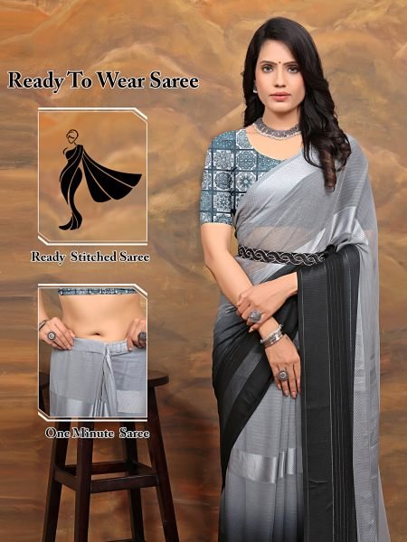 Chiffon Foil Print Two Tone Ready To Wear Grey Saree Sale