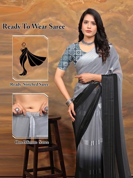 Chiffon Foil Print Two Tone Ready To Wear Grey Black Saree Sale