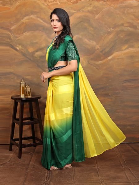 Chiffon Foil Print Two Tone Ready To Wear Yellow Green Saree Ready To Wear Sarees