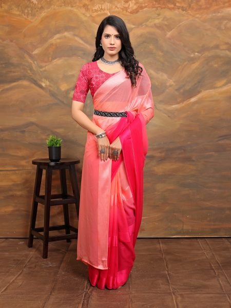 Chiffon Foil Print Two Tone Ready To Wear Pink Red Saree Ready To Wear Sarees