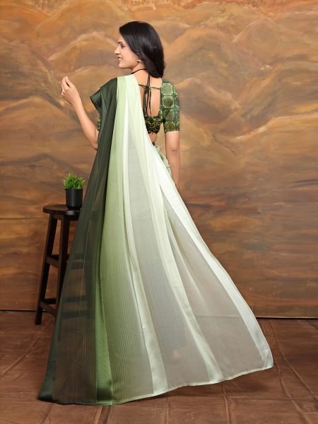 Chiffon Foil Print Two Tone Ready To Wear Mehndi Green Saree Ready To Wear Sarees