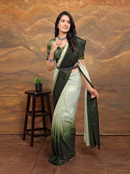 Chiffon Foil Print Two Tone Ready To Wear Mendi Green Saree Ready To Wear Sarees