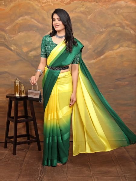 Chiffon Foil Print Two Tone Ready To Wear Yellow Green Saree Ready To Wear Sarees