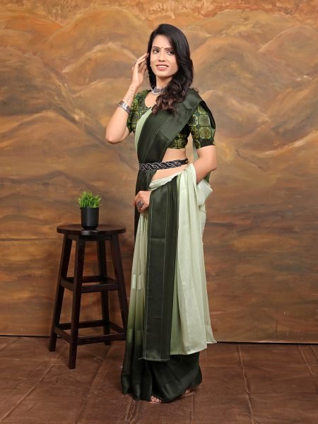 Chiffon Foil Print Two Tone Ready To Wear Mehndi Green Saree Ready To Wear Sarees