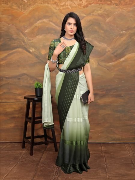 Chiffon Foil Print Two Tone Ready To Wear Mendi Green Saree Ready To Wear Sarees