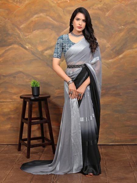 Chiffon Foil Print Two Tone Ready To Wear Grey Black Saree Ready To Wear Sarees