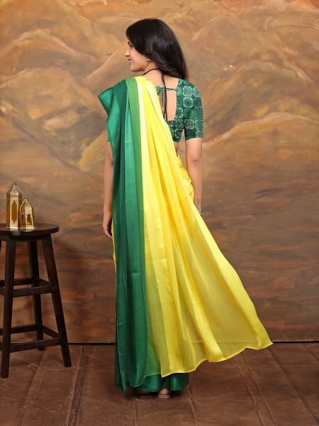 Chiffon Foil Print Two Tone Ready To Wear Yellow Green Saree Ready To Wear Sarees