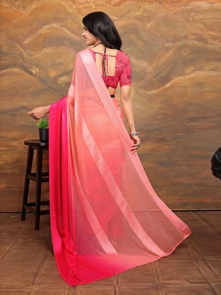 Chiffon Foil Print Two Tone Ready To Wear Pink Red Saree Ready To Wear Sarees