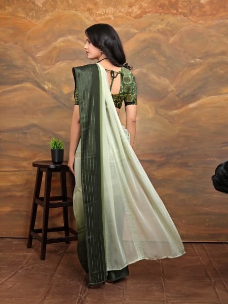 Chiffon Foil Print Two Tone Ready To Wear Mendi Green Saree Ready To Wear Sarees