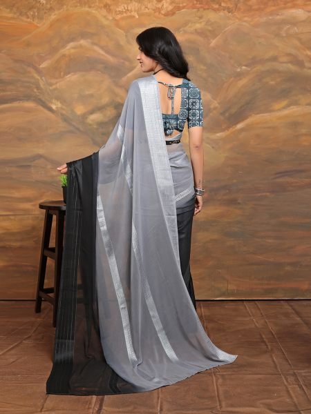 Chiffon Foil Print Two Tone Ready To Wear Grey Black Saree Ready To Wear Sarees