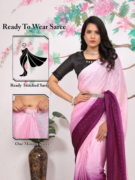 Chiffon Paisley Print Ready To Wear Pink Wine Saree  Sale