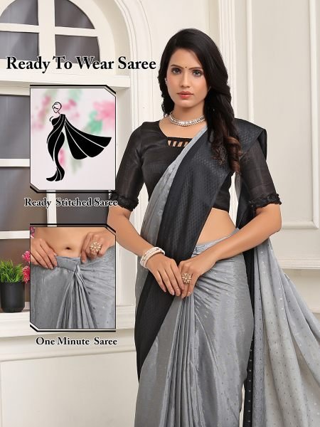 Chiffon Paisley Print Ready To Wear Mendi GreY Black Saree  Sale