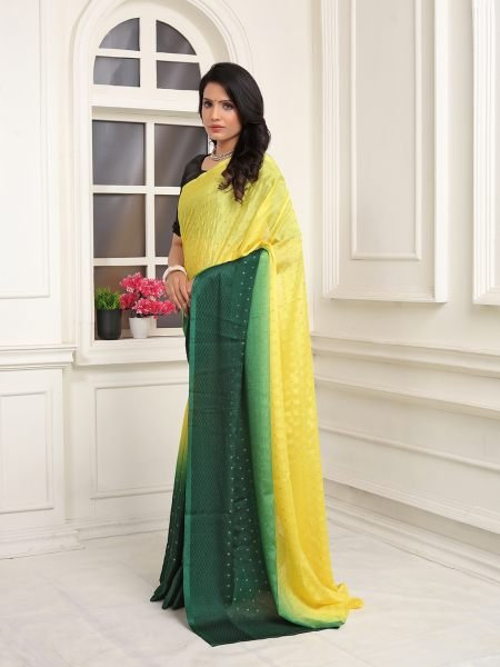 Chiffon Paisley Print Ready To Wear Yellow Green Saree  Ready To Wear Sarees