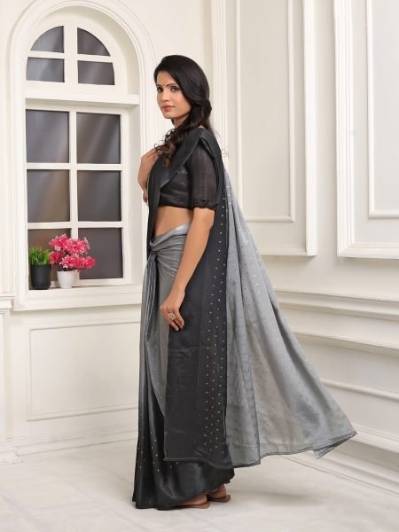 Chiffon Paisley Print Ready To Wear Mendi GreY Black Saree  Ready To Wear Sarees