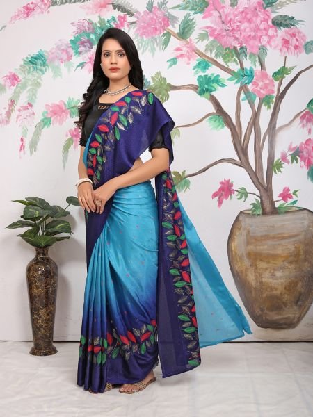 Chiffon Paisley Print Ready To Wear Sky Blue Saree Ready To Wear Sarees