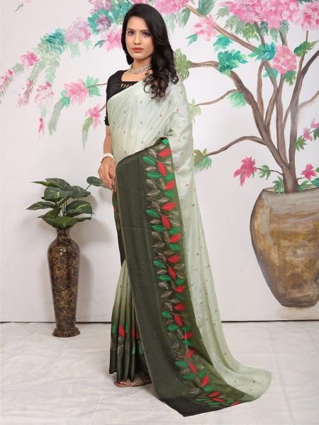 Chiffon Paisley Print Ready To Wear Mendi Green Saree Ready To Wear Sarees