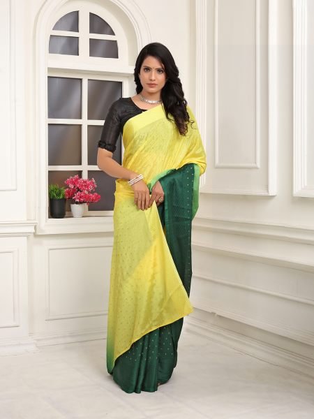 Chiffon Paisley Print Ready To Wear Yellow Green Saree  Ready To Wear Sarees