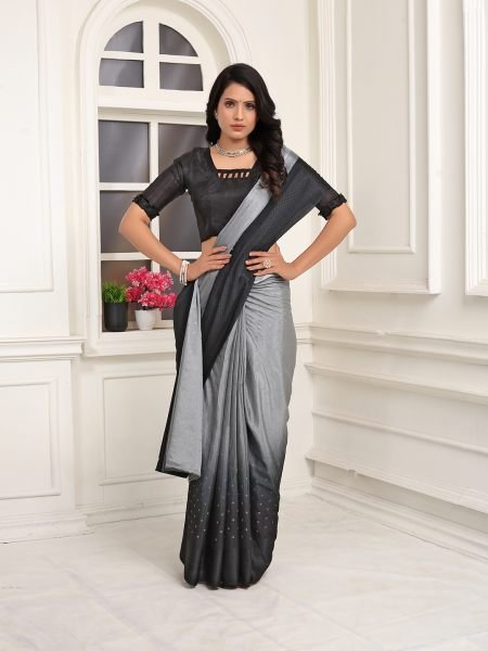 Chiffon Paisley Print Ready To Wear Mendi GreY Black Saree  Ready To Wear Sarees