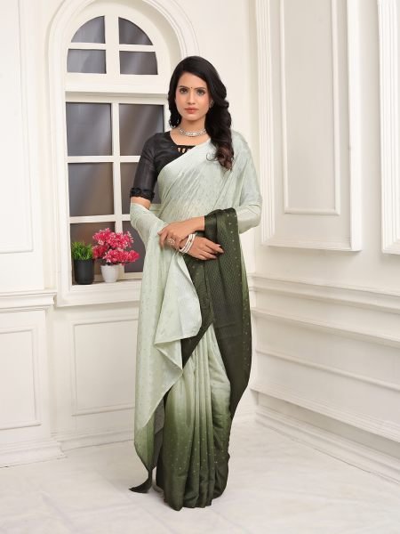 Chiffon Paisley Print Ready To Wear Mendi Green Saree  Ready To Wear Sarees