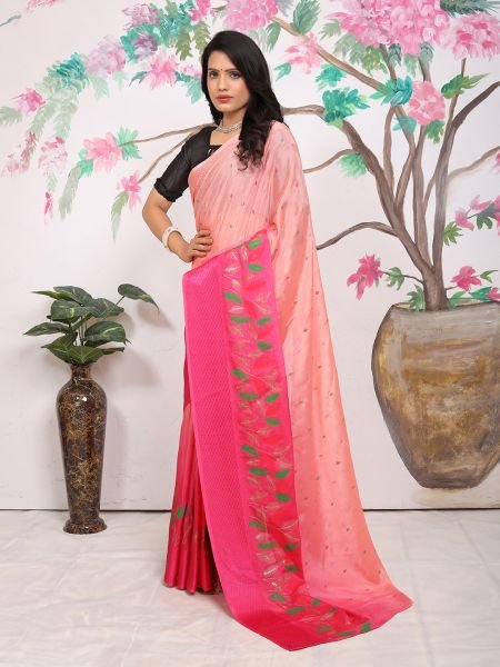 Chiffon Paisley Print Ready To Wear Pink Red Saree Ready To Wear Sarees