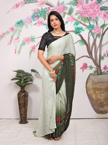 Chiffon Paisley Print Ready To Wear Mendi Green Saree Ready To Wear Sarees