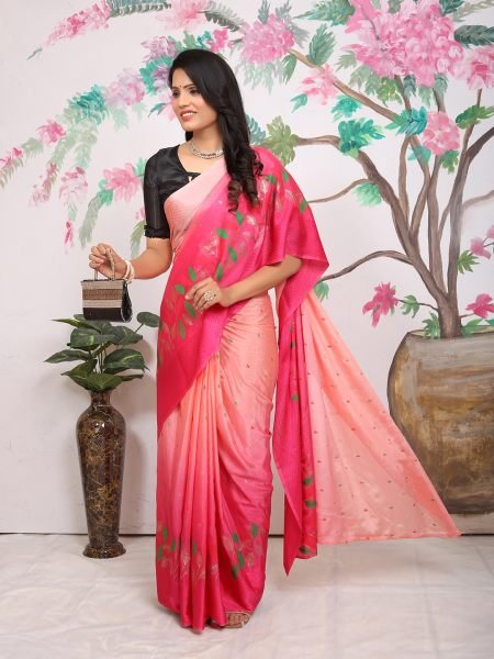 Chiffon Paisley Print Ready To Wear Pink Red Saree Ready To Wear Sarees