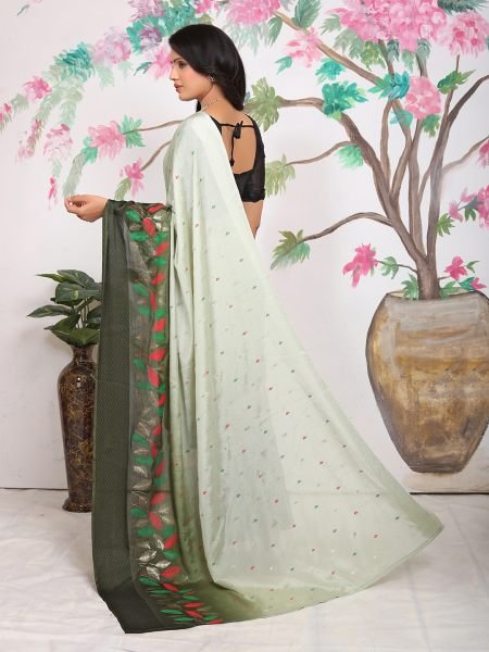 Chiffon Paisley Print Ready To Wear Mendi Green Saree Ready To Wear Sarees