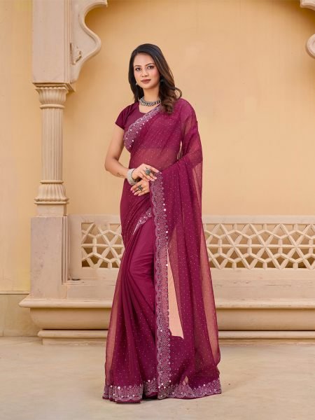 Wine Chiffon Saree with Swarovski Diamond Embellishments Sale