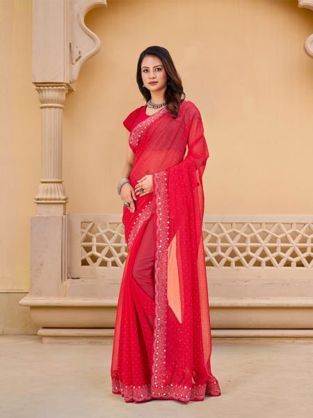 Red Chiffon Saree with Swarovski Diamond Embellishments Sale