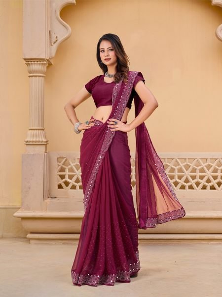 Wine Chiffon Saree with Swarovski Diamond Embellishments Designer Sarees