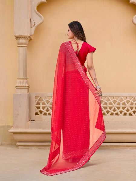 Red Chiffon Saree with Swarovski Diamond Embellishments Designer Sarees