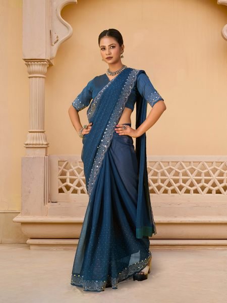 Rama Chiffon Saree with Swarovski Diamond Embellishments Designer Sarees