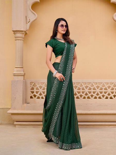 Green Chiffon Saree with Swarovski Diamond Embellishments Designer Sarees