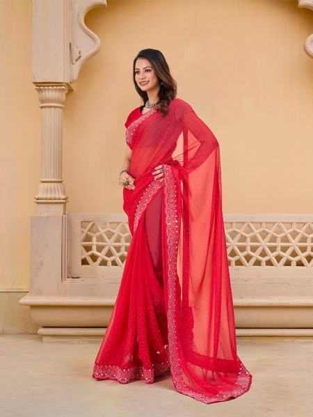 Red Chiffon Saree with Swarovski Diamond Embellishments Designer Sarees