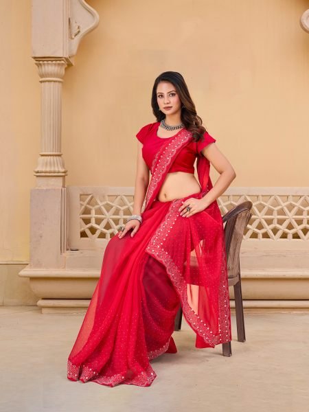 Red Chiffon Saree with Swarovski Diamond Embellishments Designer Sarees