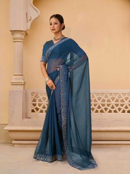 Rama Chiffon Saree with Swarovski Diamond Embellishments Designer Sarees