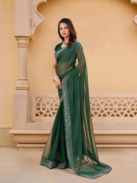 Green Chiffon Saree with Swarovski Diamond Embellishments Designer Sarees