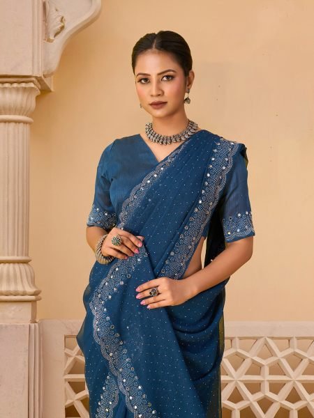 Rama Chiffon Saree with Swarovski Diamond Embellishments Designer Sarees