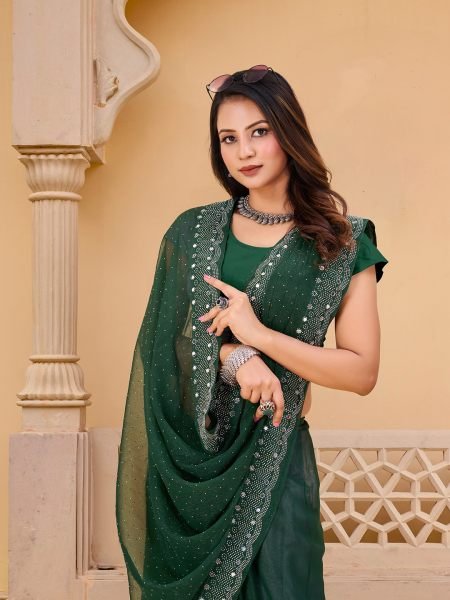 Green Chiffon Saree with Swarovski Diamond Embellishments Designer Sarees