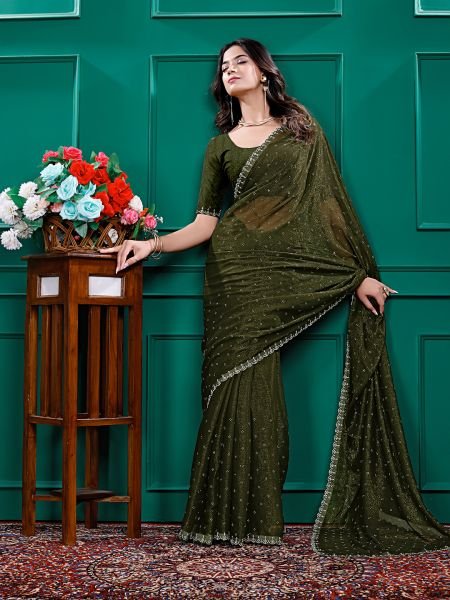 Chiffon Swarovski Diamond Lace Work Saree with Unstitched Blouse Piece Daily Deals