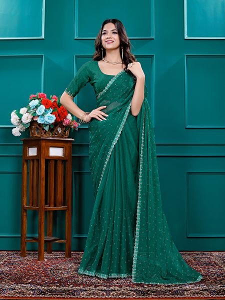 Chiffon Swarovski Diamond Lace Work Saree with Unstitched Blouse Piece Daily Deals