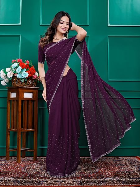 Chiffon Swarovski Diamond Lace Work Saree with Unstitched Blouse Piece Daily Deals
