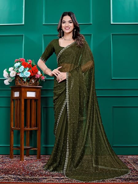 Chiffon Swarovski Diamond Lace Work Saree with Unstitched Blouse Piece Designer Sarees