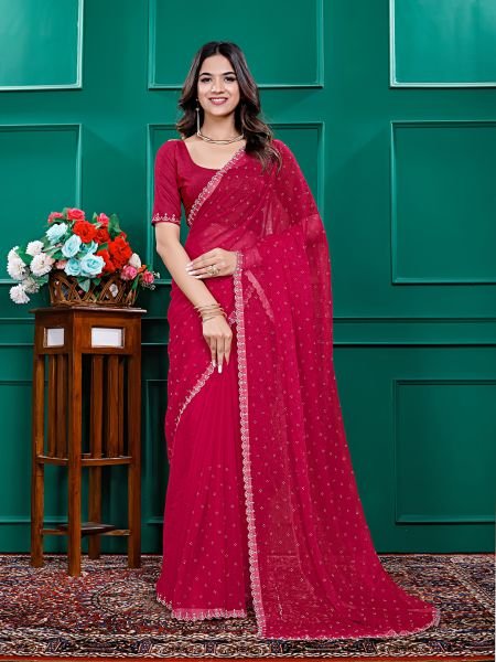 Chiffon Swarovski Diamond Lace Work Saree with Unstitched Blouse Piece Designer Sarees