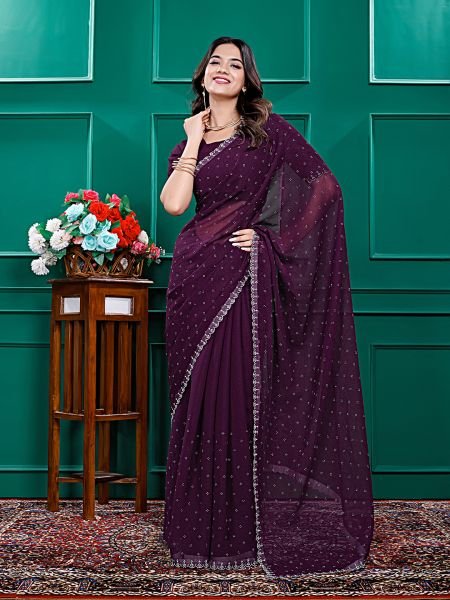Chiffon Swarovski Diamond Lace Work Saree with Unstitched Blouse Piece Designer Sarees