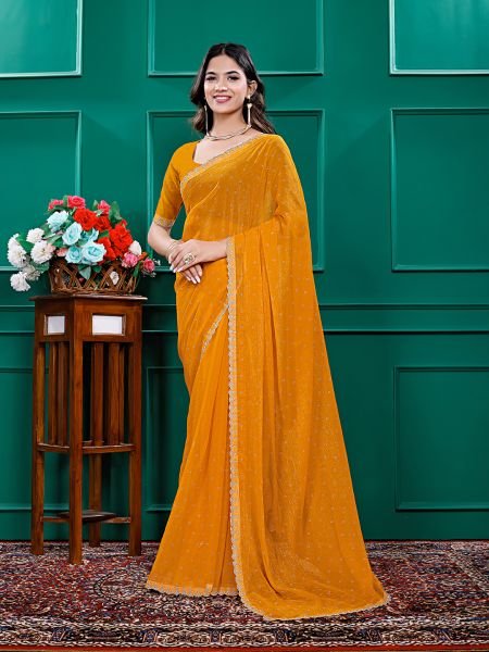 Chiffon Swarovski Diamond Lace Work Saree with Unstitched Blouse Piece Designer Sarees